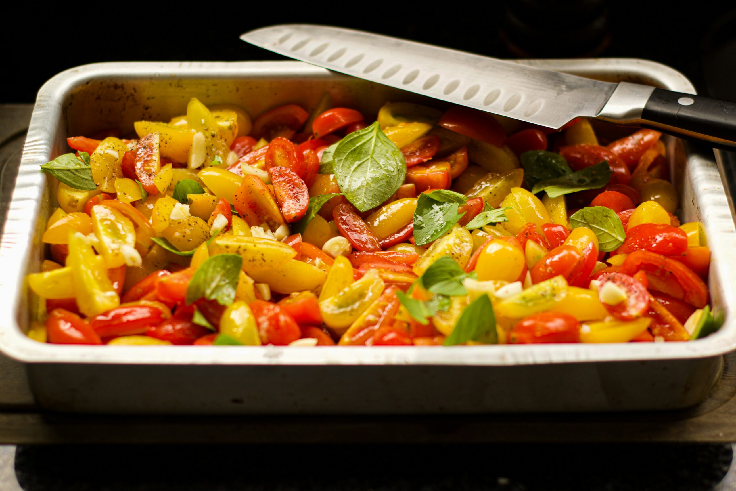 vegetable salad on gray tray